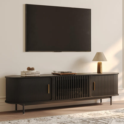 POVISON Fully-Assembled Mid Century Modern TV Stand, Sliding Tambour Door Entertainment Center with Storage, Wood TV Console, Media Console for Living Room Bedroom(Black, 78.74")