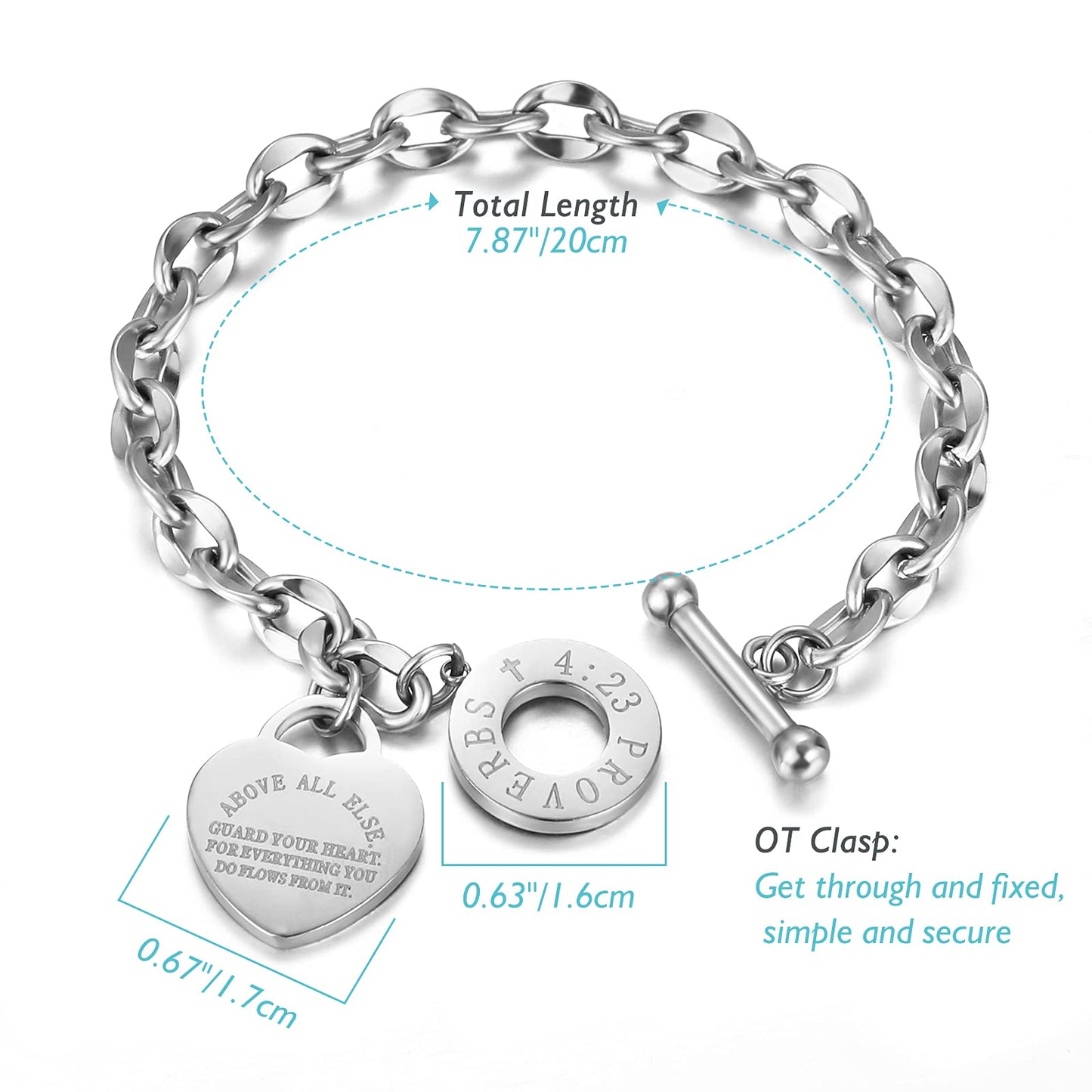 Emibele Heart Charm Bracelet for Women, Bible Verse Bracelet Stainless Steel 18K Gold Plated Bracelet Love Pendant Link Chain OT Clasp, Birthday Christmas Jewelry Present for Mother Her, Silver