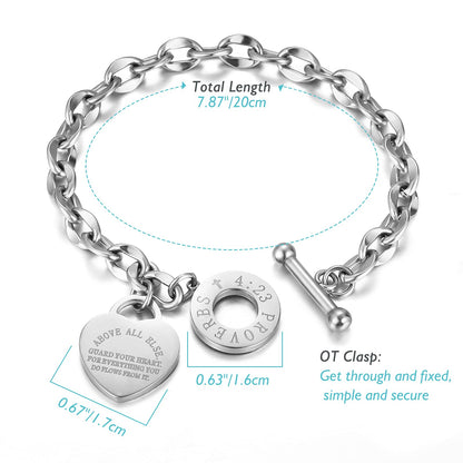 Emibele Heart Charm Bracelet for Women, Bible Verse Bracelet Stainless Steel 18K Gold Plated Bracelet Love Pendant Link Chain OT Clasp, Birthday Christmas Jewelry Present for Mother Her, Silver