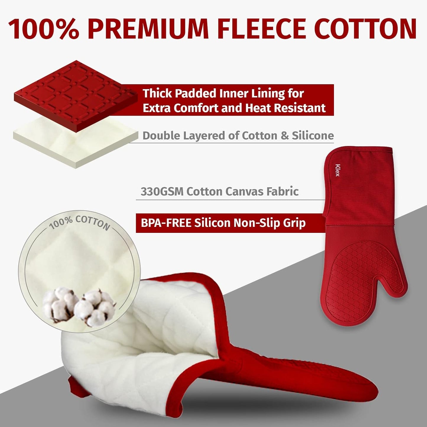 Klex Extra Long Silicone Oven Mitts, 932°F Heat Resistance with Quilted Cotton Liner, 2 Piece Set, 15 inch, Red