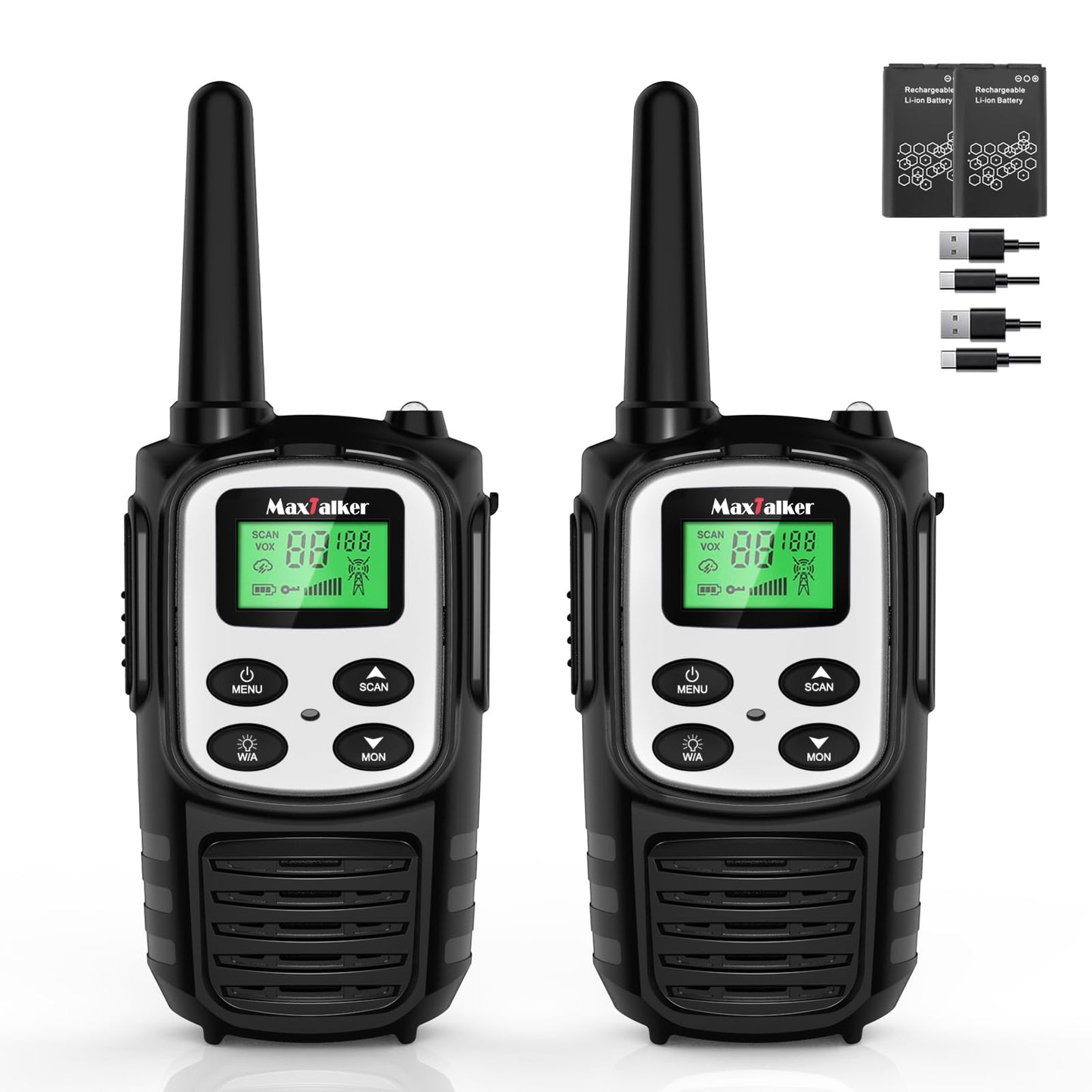 Walkie Talkies Long Range for Adult, MT10 Rechargeable Walkie Talkies FRS Two Way Radio, NOAA, 1200mAh Li-ion Battery USB-C Cable, LED Flashlight, VOX Walkie Talkie for Hiking Camping 2Pack