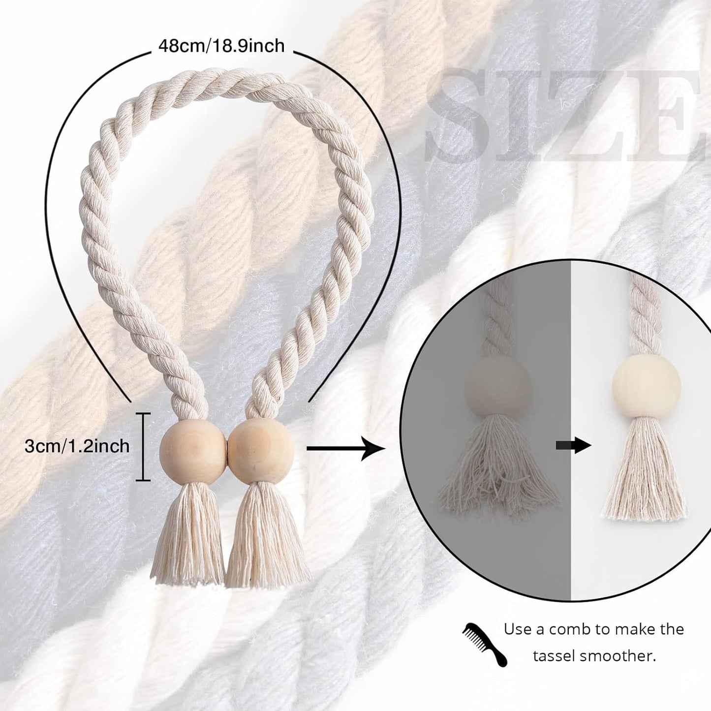 2 Pack NICEEC Wooden Ball Magnetic Curtain Tiebacks Boho Home Decor Drape Tie Backs Natural Cotton Hand Woven Rope