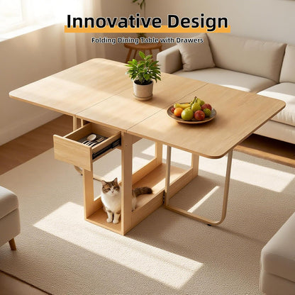 VASTATIO Folding Dining Chairs and Table Set, Space-Saving Dining Table and 2 Padded Steel Frame Folding Chairs(Wood), Drop Leaf Dining Table with Extra Large Storage Space and 2 Drawers
