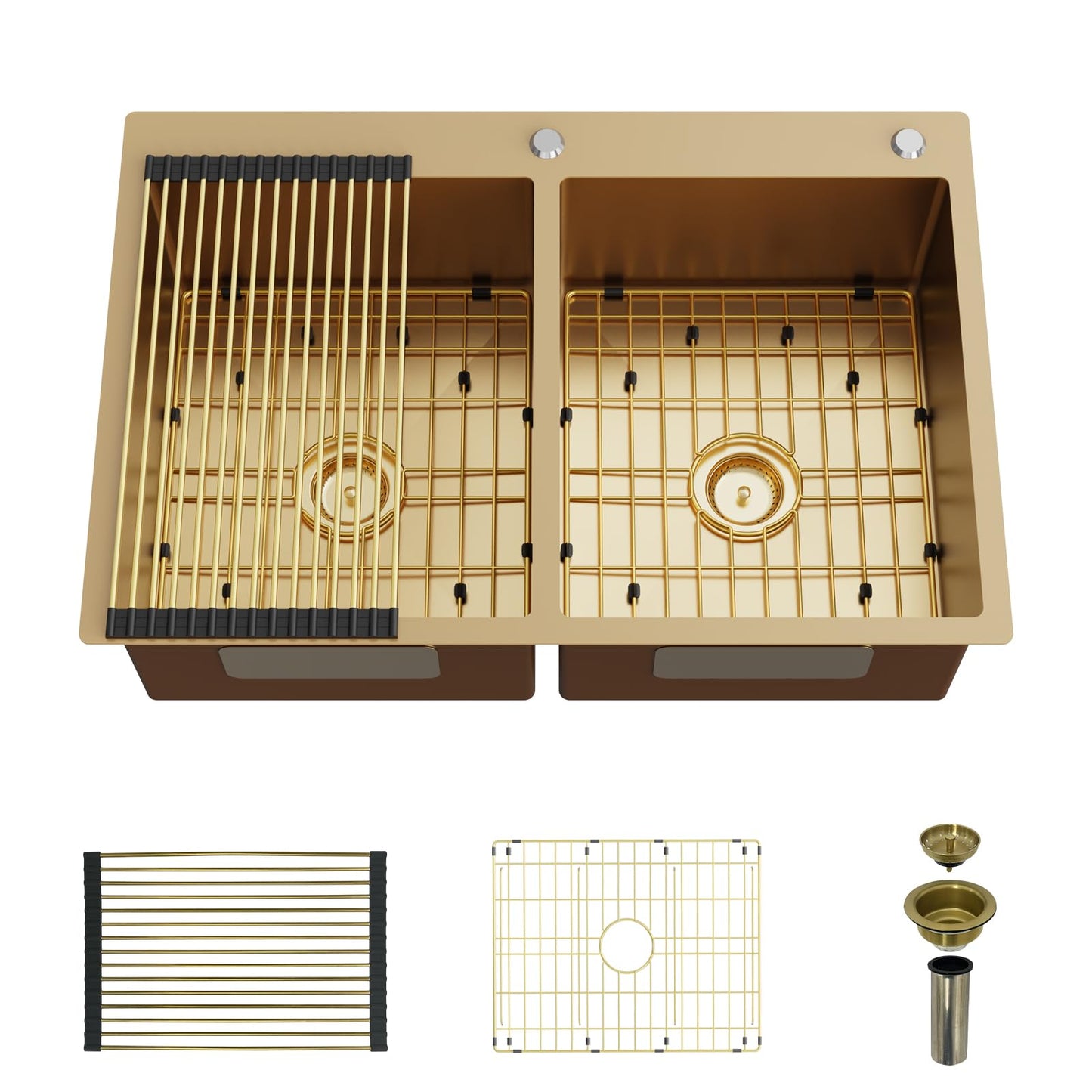 Gold 50/50 Double Bowl Kitchen Sink, 33"x 22" Stainless Steel Drop In Kitchen Sink Gold Topmount Sink With Gold-tone Accessories-Rack,Grid And Drain Assembly Add Luxurious Look For Modern Kitchen