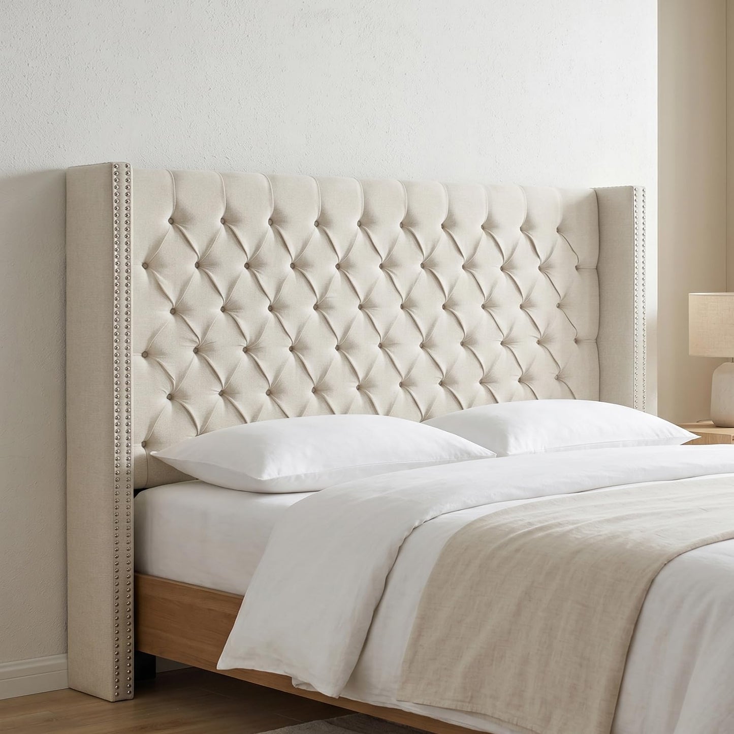Madison Park Amelia Upholstered Headboard | Nail Head Trim Wingback Button Tufted | King, Cream