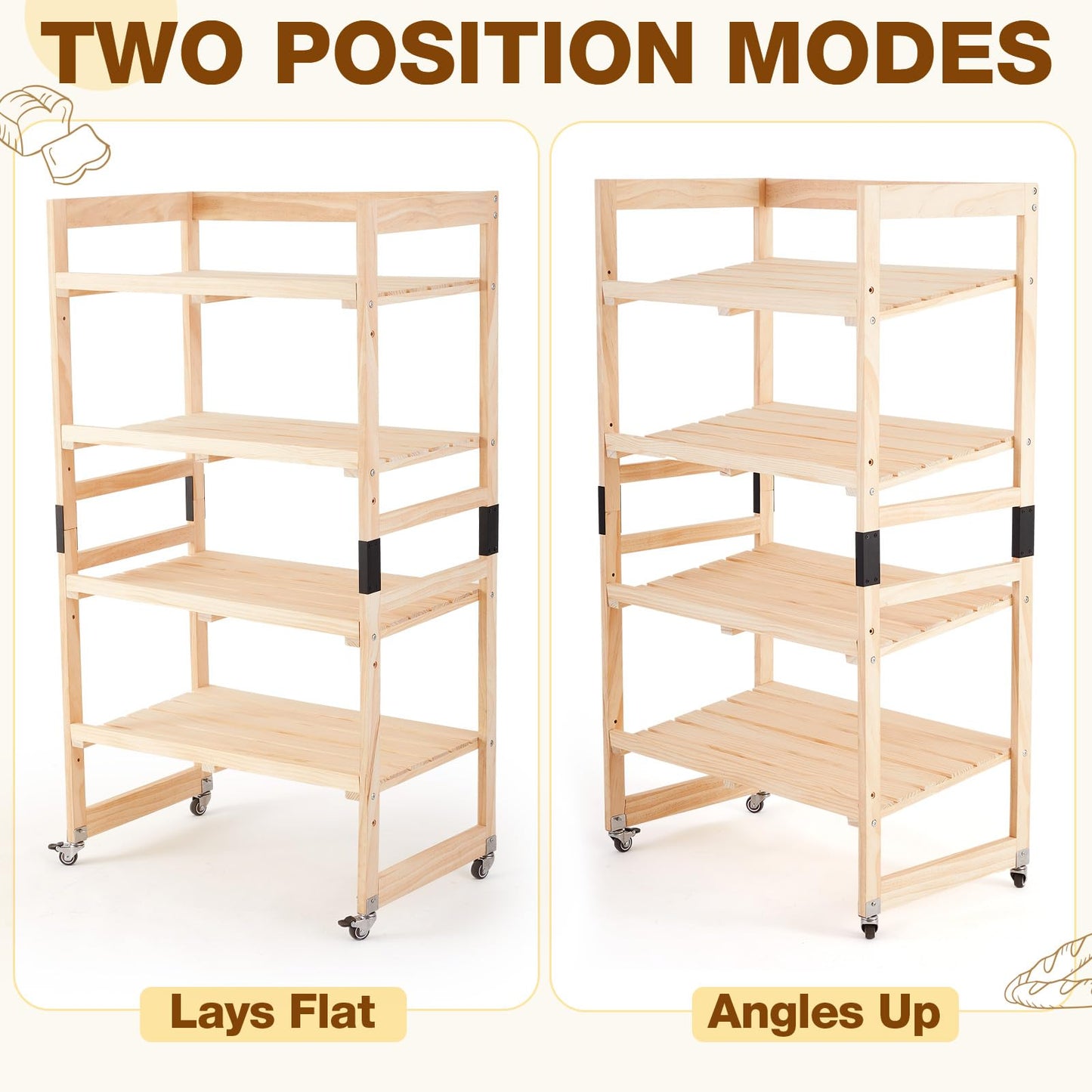 AceOrbit 55" x 30" x 18" 4 Tier Wood Bakery Bread Rack with Angled Shelves Bread Fruit Vegetable Display Shelf Stand for Shop, Pantry, Office, Grocery, Supermarket, Kitchen Organizer