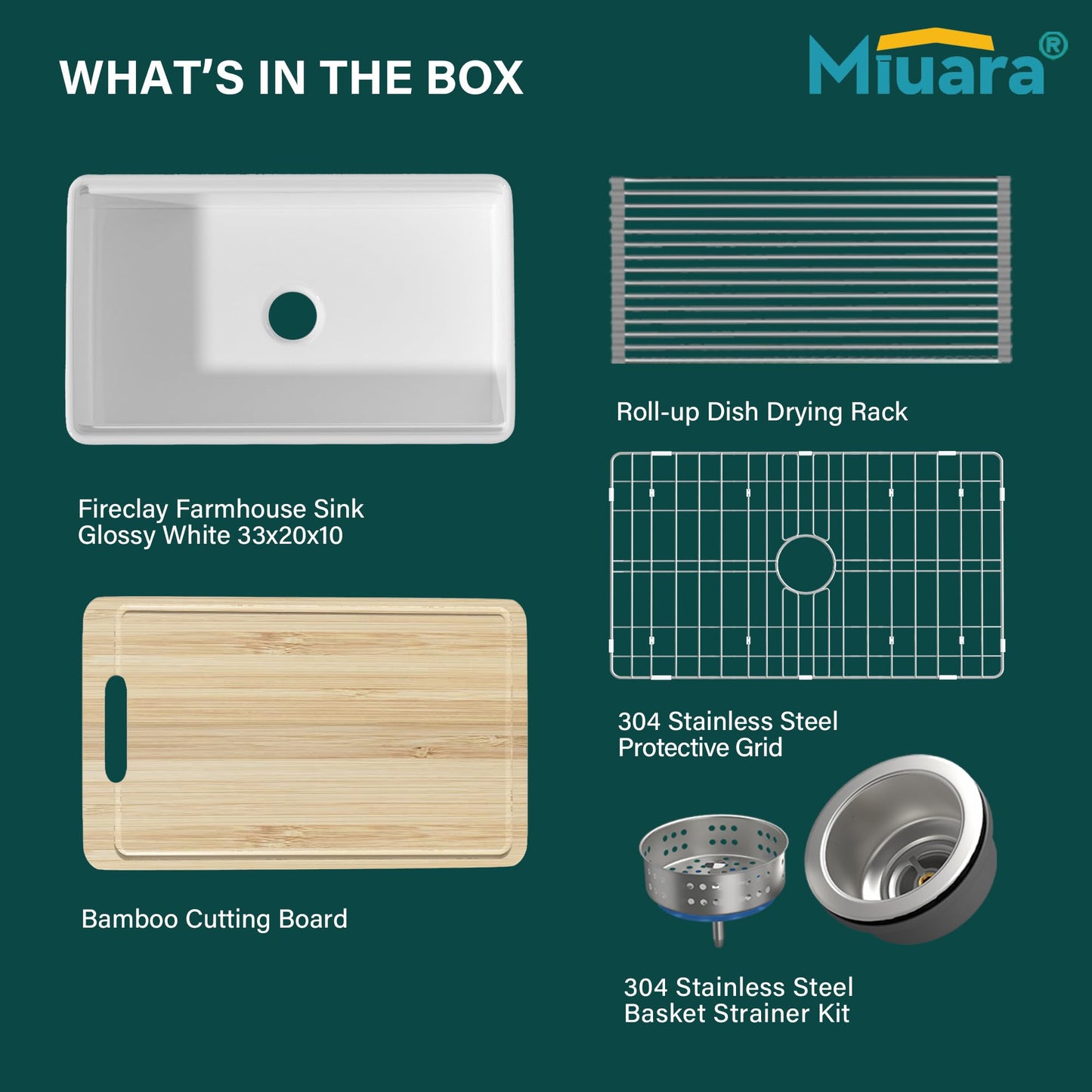 Miuara White Farmhouse Workstation Sink 33 Inch - Heavy Duty Fireclay Apron Front Kitchen Sink Undermount 33"x20"x10", Farm House Style Deep Single Bowl for Kitchen
