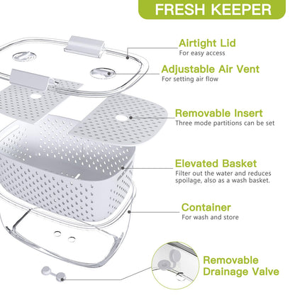LUXEAR Fresh Produce Vegetable Fruit Storage Containers 3Piece Set, BPA-free, Partitioned Salad Container, Fridge Organizers, Used in Storing Fruits Vegetables, White