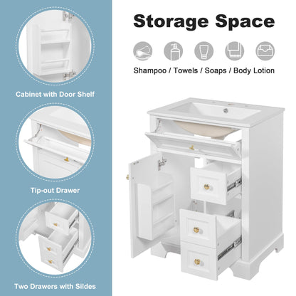 Bathroom Vanity with Sink 24 Inch, Tip-Out Drawer and Door Rack, Adjustable Shelf, Soft-Closing Drawers and Door, White