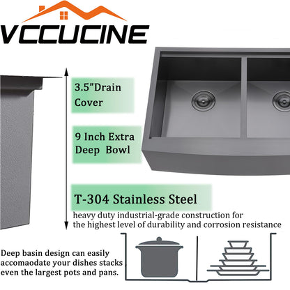 VCCUCINE 33 Inch Gunmetal Black Double Farmhouse Sink, 33X22 Double Bowl Farmhouse Kitchen Sink, 16 Gauge 50/50 Stainless Steel Apron Front Farm Sink, Workstation Farmer Sink With Accessories