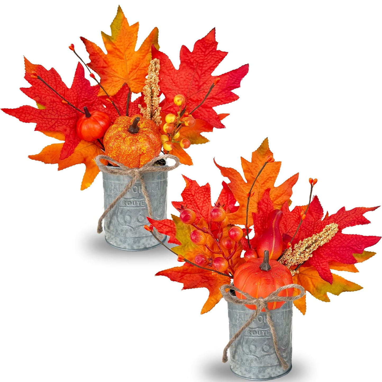 2 Pack 12 Inch Thanksgiving Decorations Fall Centerpieces for Tables Thanksgiving Table Decor Fall Arrangements Maples Leave Pumpkin Berried Wheat Realistic Moss in Metal Pots for Home Kitchen Table