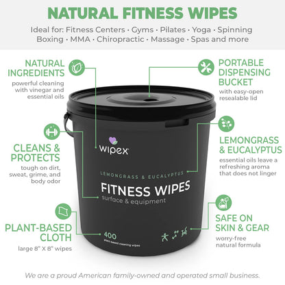 Wipex Yoga Mat Cleaner Wipes - Plant-Based Lemongrass, Eucalyptus & Vinegar Wipes for Gym & Fitness Equipment & All Purpose Gym Cleaning - Safe for Peloton Bikes & Treadmills - 400 Count