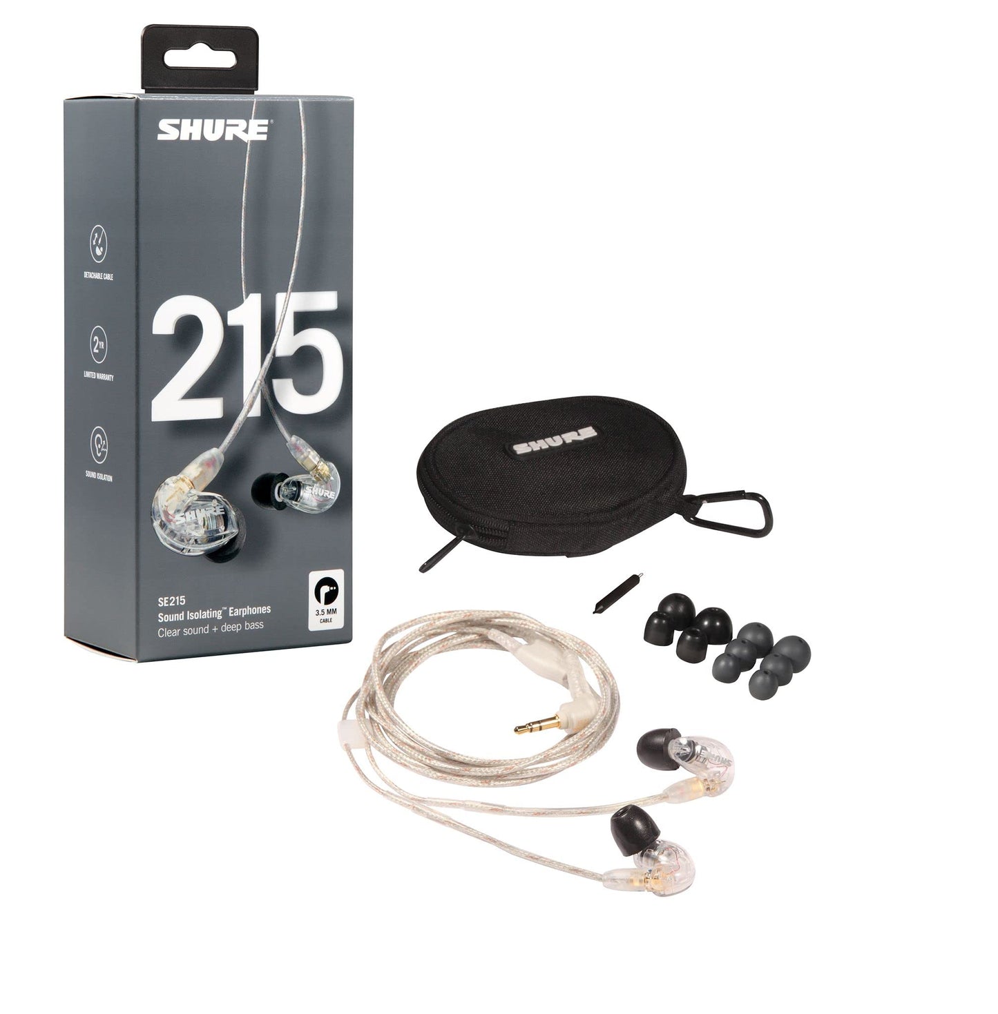 Shure SE215 PRO Wired Earbuds, Professional Sound Isolating Earphones with Clear Sound and Deep Bass, Single Dynamic MicroDriver, Secure In-Ear Design, Includes Carrying Case and Ear Tip Kit, Clear (SE215-CL)