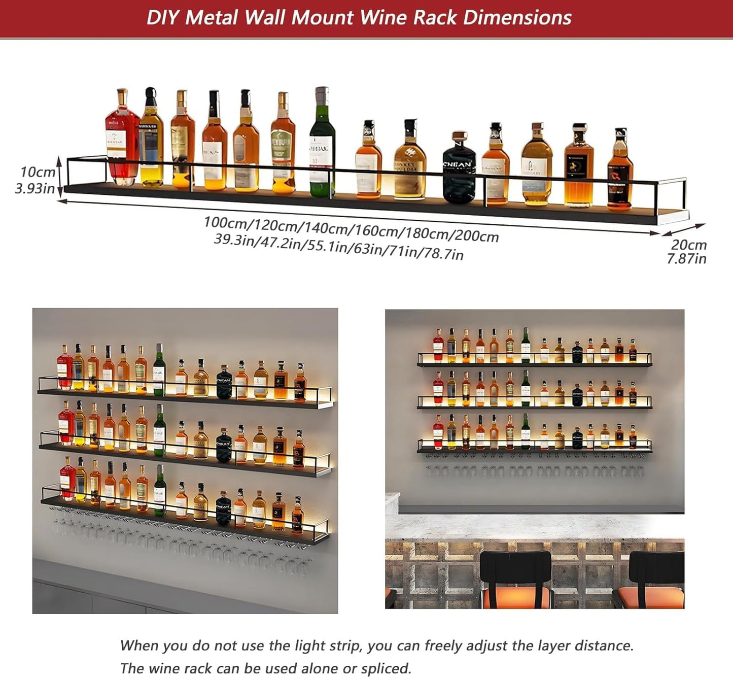 VITNSVILE Metal Wall Mounted Wine Rack with LED Light, 3 Tiers Liquor Bottles Floating Shelves with Glass Holder, Wine Shelf Industrial Bar Shelves for Home Bar Dining (Black, 180cm/71in)