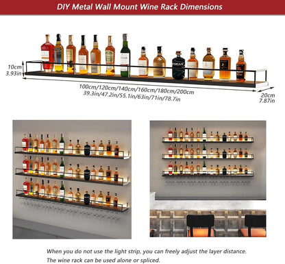 VITNSVILE Metal Wall Mounted Wine Rack with LED Light, 3 Tiers Liquor Bottles Floating Shelves with Glass Holder, Wine Shelf Industrial Bar Shelves for Home Bar Dining (Black, 180cm/71in)