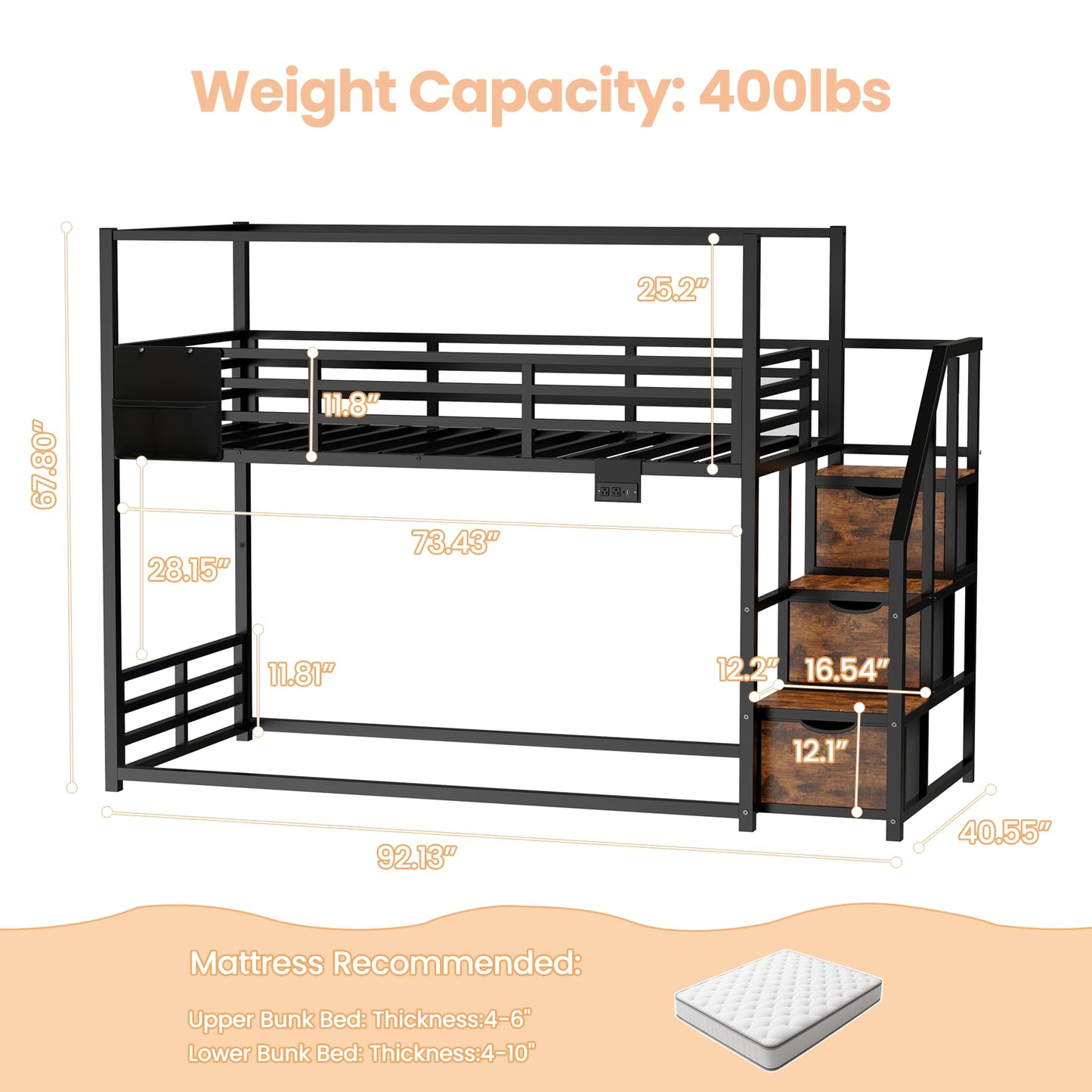 Low Bunk Bed Twin Over Twin with Storage Staircase, RGB LED Lights, Drawers & Shelves, Metal Bunk Beds for Kids with Power Outlet, Double Full-Length Guardrails & Metal Slats for Small Space, Black