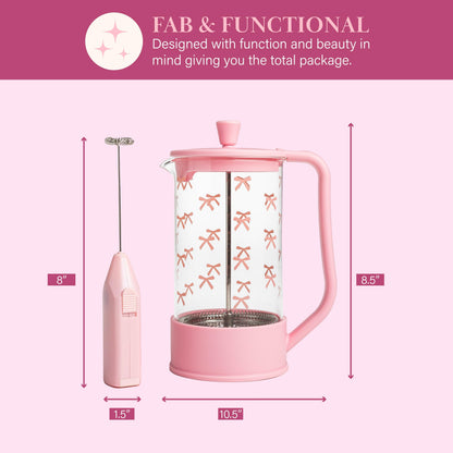 Paris Hilton Bow Design French Press and Frother Coffee Gift Set, Includes a 8-Cup Coffee Press and Battery Operated Handheld Milk Frother, 2-Piece Set, Pink