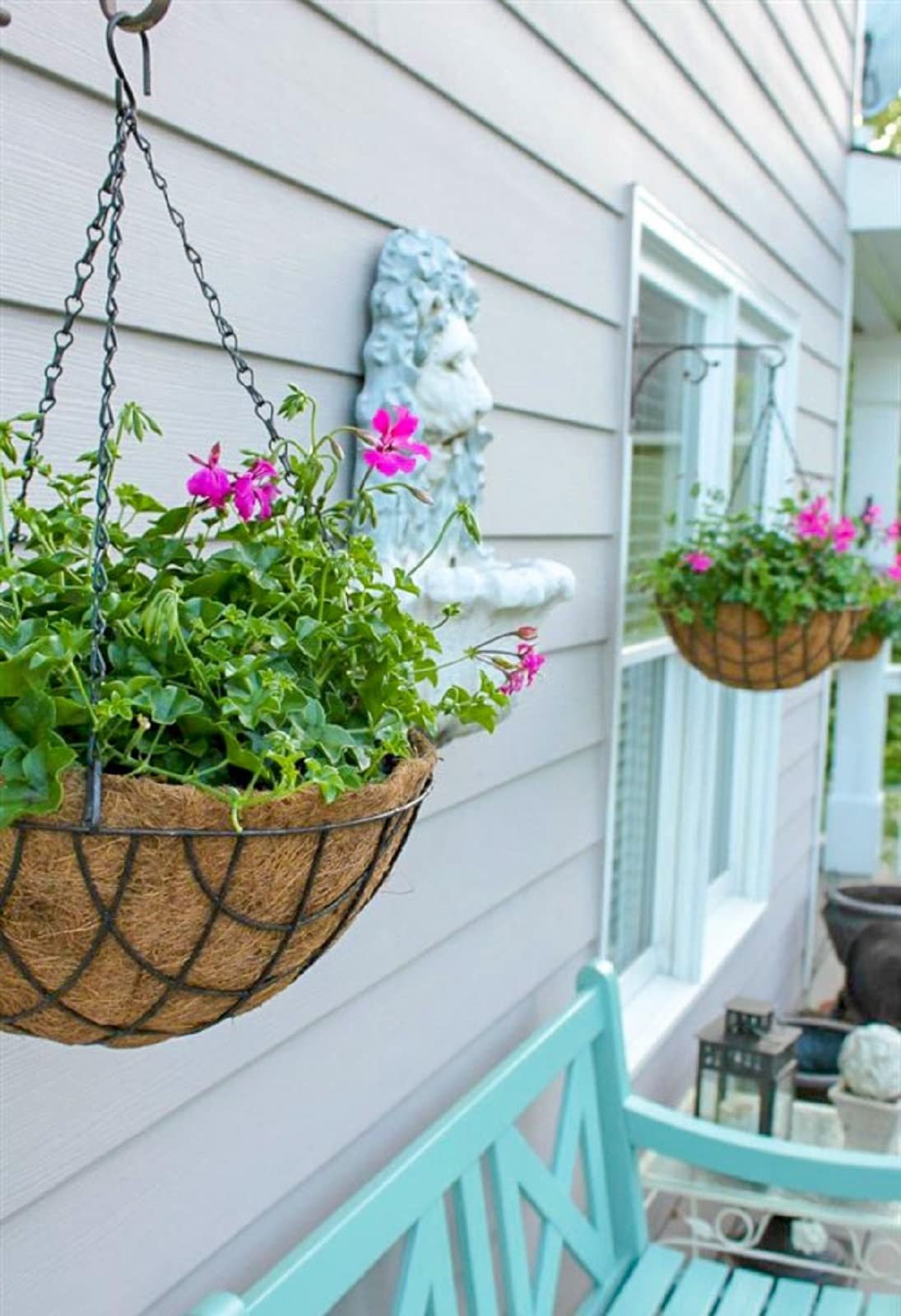 Kingbuy 12 Inch Metal Hanging Planter Basket with Coconut Fiber Liner Round Wire Hanging Plant Flower Pot for Home Garden Patio Decoration, Grid Pattern, 2 Pack