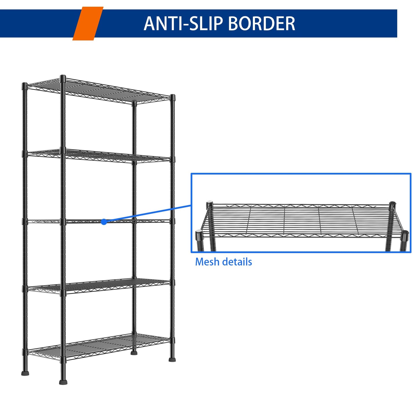 REGILLER 5-Wire Shelving Metal Storage Rack Adjustable Shelves,Standing Storage Shelf Units for Laundry Bathroom Kitchen Pantry Closet(Black,11.8" D x 16.6" W x 53.5" H)