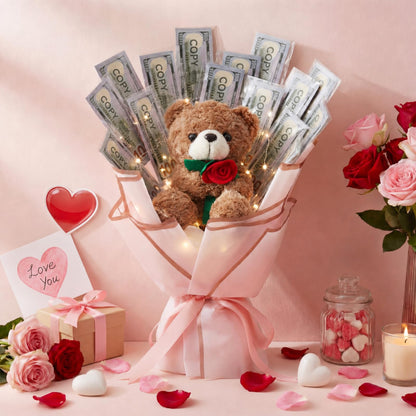 Mimorou DIY Money Bouquet Kit with Teddy Bear, Graduation 2026 Gift, Cash Flower Bouquet Wrapping Set for Birthday, Anniversary Present for Wife Grandma(Floral Bear,Pink Gold)