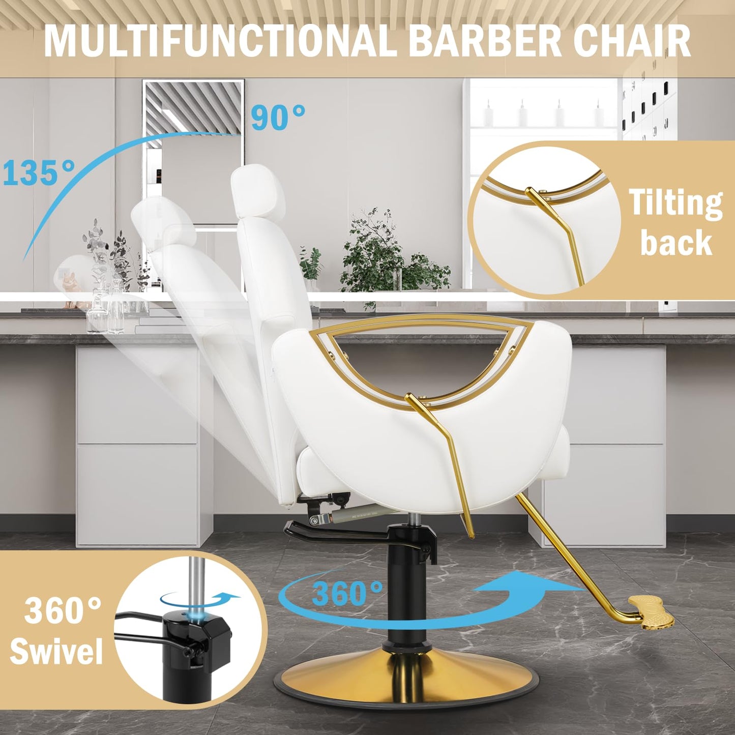 Tythical Salon Chair for Hair Stylist, Reclining Hair Salon Chair for Home, Barber Styling Chairs with Heavy Duty Hydraulic Pump, 360 ° Swivel, Multi-Function Beauty Spa Equipment Cream White Gold