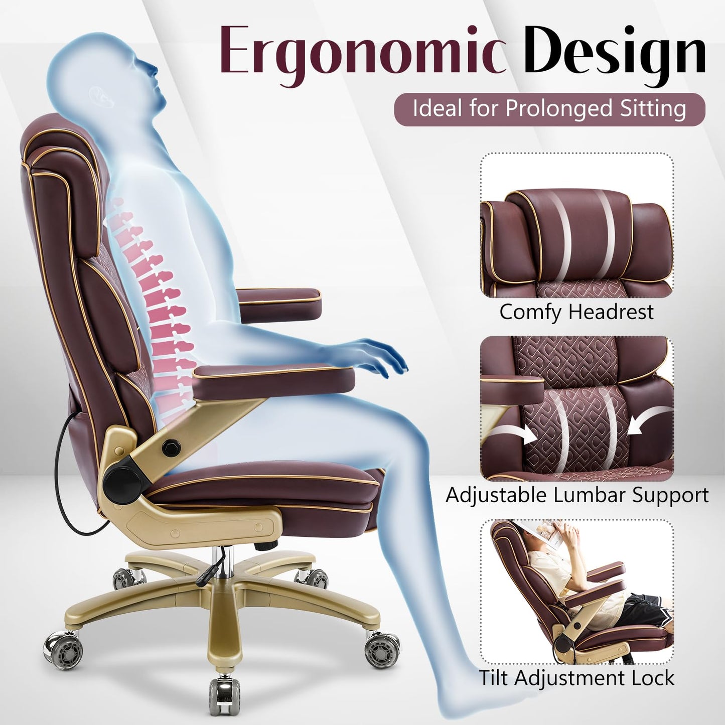 Heavy Duty Executive Leather Chair, Big and Tall Office Chair 500lbs with 5D Flip-up Armrests, Comfortable Seat, Adjustable Lumbar, High Back, Large Computer Desk Chair for Home Office, Brown