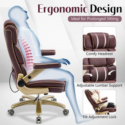 Heavy Duty Executive Leather Chair, Big and Tall Office Chair 500lbs with 5D Flip-up Armrests, Comfortable Seat, Adjustable Lumbar, High Back, Large Computer Desk Chair for Home Office, Brown