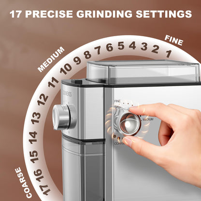 ROUNEXES Electric Flat Burr Coffee Grinder, Coffee Grinder with 17 Grind Settings, Coffee Beans Grinder with Removable Burr, Large Capacity Bean Hopper & Compact Design for Home&Office
