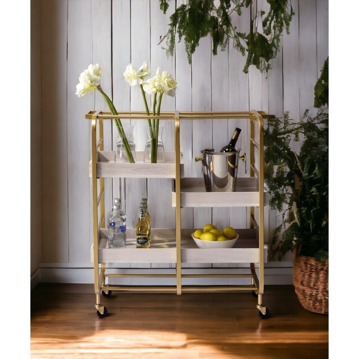 Gold & White Washed Finish Rectangular Serving Cart - 3 Open Compartments for Kitchen and Dining Room Storage