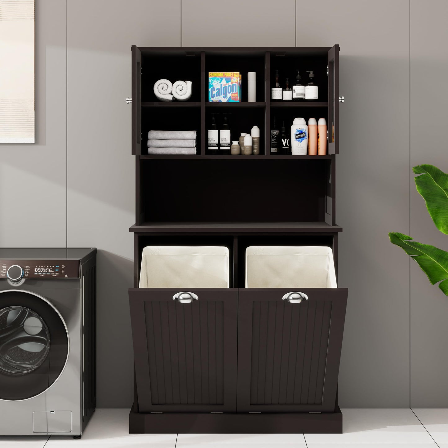 Sang Seiyoga Tilt Out Laundry Hamper Cabinet, Double Compartment Sorter Tall Organizer with 2 Adjustable Shelves & Top Shelf, Space Efficient for Bathroom/Dorm, Easy Clean Interior Black