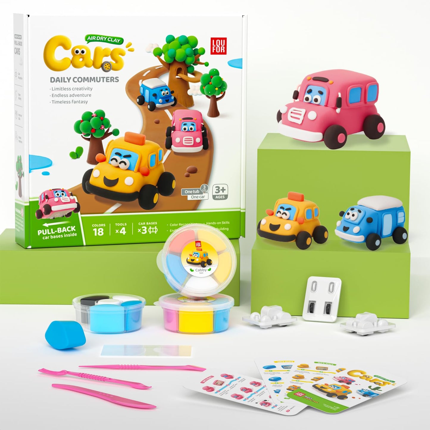 Air Dry Clay Kit for Kids - Pull Back Car Making, 3 Boxes Modeling Clay with Sculpting Tools, Base, Backing Board, Tutorial, Ultra Light & Soft, Non-Toxic & Safe, Creative DIY Arts and Crafts Toys