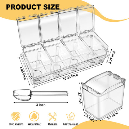 Bokon 4 Set Acrylic Clear Seasoning Box with Spoon, 16 Pcs Kitchen Seasoning Organizer Box Spice Pots Containers Condiment with Lids for Salt Candy Sugar Organizer, 10 x 4 x 3.3 Inch