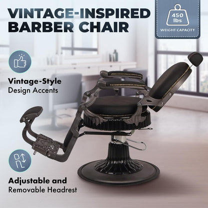 Buy-Rite Regal Professional Vintage Barber Chair - Solid Steel Frame, Heavy-Duty Hydraulic Base, Adjustable Headrest & Flip-Style Footrest, Black Vinyl Upholstery - Model YLG-8788-7