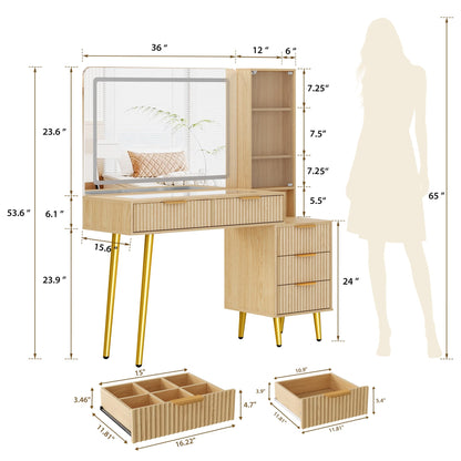 GarveeTech 48" Makeup Vanity Table, with 5 Drawers & 3-Tier Shelves, Fluted Vanity Desk with 36" Lighted Mirror, Charging Station, Wood Dressing Table with Glass Top, for Bedroom
