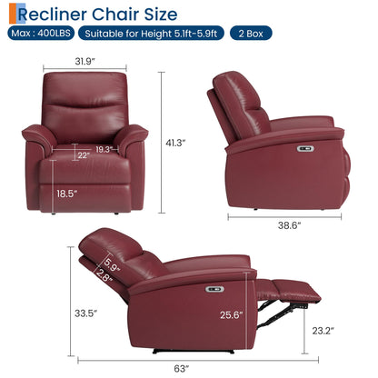 Garvee Power Swivel Recliner Chair, PU Leather Electric Reclining Armchair with Free Position, 270 Degree Swivel, 38.6 in Wide Seat, 350 Lb Capacity, Single Sofa for Living Room Bedroom, Dark Red