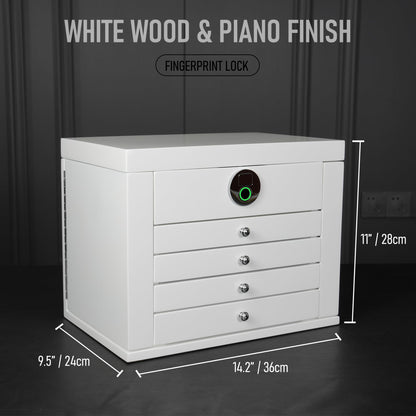 SYENS White Wood Jewelry Box, Large Size, Fingerprint Unlock, Seven Level Jewelry Organizer with Necklace Hanger and Mirror, High Gloss Lacquer Finish (5L-WT)