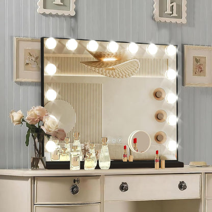 Hollywood Vanity Mirror with Lights, 15 Dimmable Bulbs, 3 Color Lights,Make Up Lighted Mirror, Aluminum Metal Frame, USB Charging Port（23" x 18"）