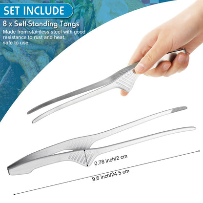 Patelai 8 Pieces Korean and Japanese BBQ Tongs Non Slip Cooking Utensils Stainless Steel Tongs for Serving Food, Salad, Camping, Barbecue, Buffet, Oven with Support Stand (Silver)