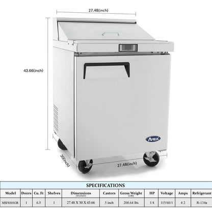 Atosa MSF8301GR 27" Sandwich & Salad Prep Table Refrigerator for Restaurant Hotel Deli Cafeteria | 1-Door 1-Shelf, 10" Cutting Board, 8 (1/6 Size) Pans, 7.2 Cu Ft Capacity | Stainless Steel, 115v