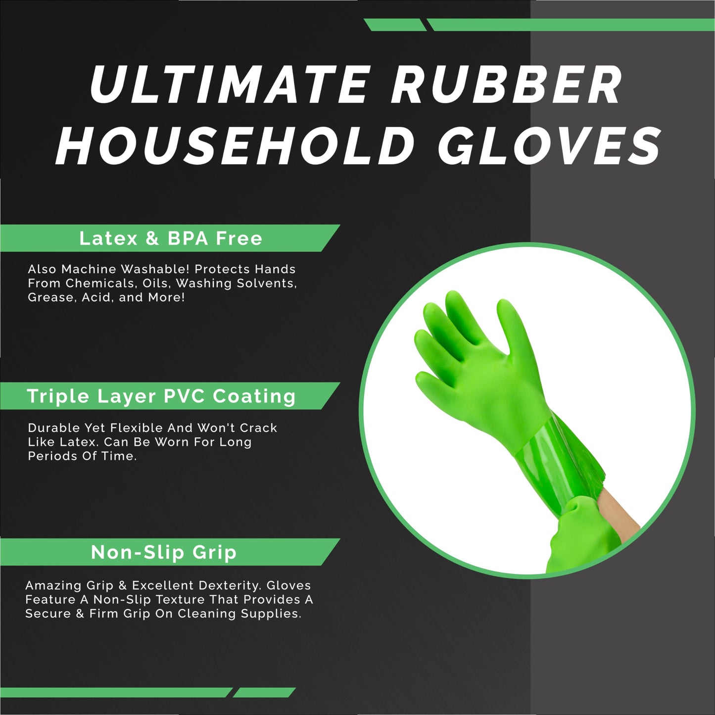 Kitchen-Star Ultimate Rubber Household PVC Gloves with Comfortable Cotton Lining, Anti-Slip surface, Kitchen Dishwashing, Extra Thickness, Kitchen Cleaning, Working, Painting, Pet Care (Medium, Green)