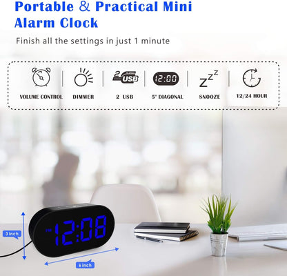 Plumeet [Updated Version] LED Alarm Clock with Adjustable Brightness Dimmer, Blue Digit Display, USB Port, Navy Blue