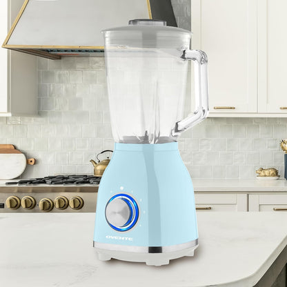 OVENTE Countertop Kitchen Blender - 550 Watts, Stainless Steel Blades, 50oz Glass Jar for Smoothies & More, Blue