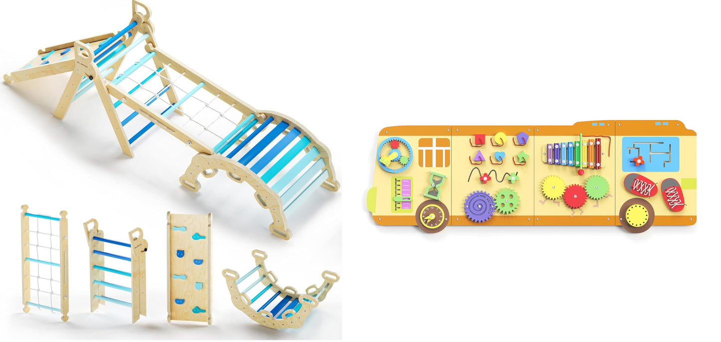 BlueWood 2024 8 in 1 Pikler Triangle Climbing Set, School Bus Wall Busy Board Panels