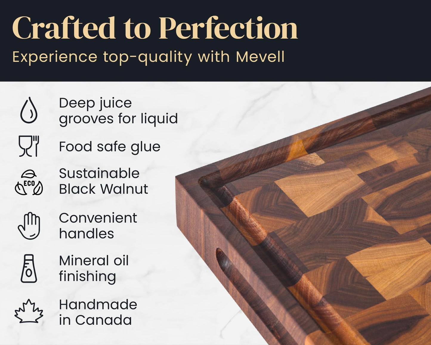 Mevell Walnut End Grain Cutting Board for Kitchen, Reversible Extra Large Wooden Butcher Block With Juice Grooves, Made in Canada (Walnut, 20x13x2)