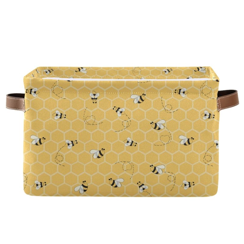 Cute Animal Bee Square Storage Basket Bin Canvas Fabric Compressible Organizer Basket with Handle for Bedroom Nursery Office, 1PCS