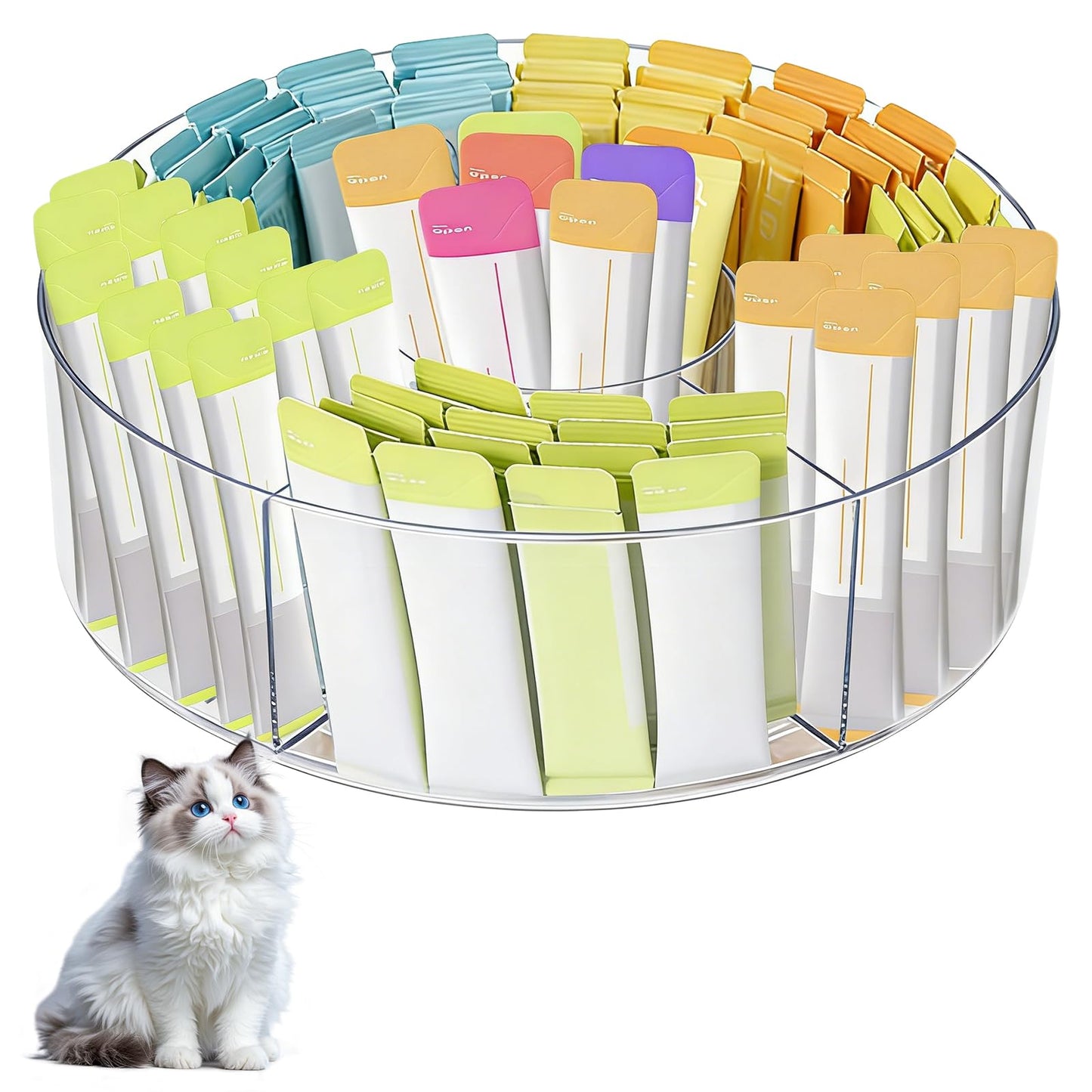 HFYZZ Rotating Lickable Cat Treats Organizer with 6 Compartments, Clear Lazy Susan Acrylic Squeeze Up Cat Food Storage Container Divided Pet Treats Box for Kitchen Cabinet Pantry Shelf Countertop