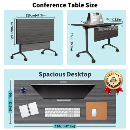 Folding Conference Room Tables with Wheel -Modern Large Modular Conference Table,Stackable Flip Top Training Meeting Table,Space Saving,for Seminar,Office,Classroom(Black A,47IN,2pack)
