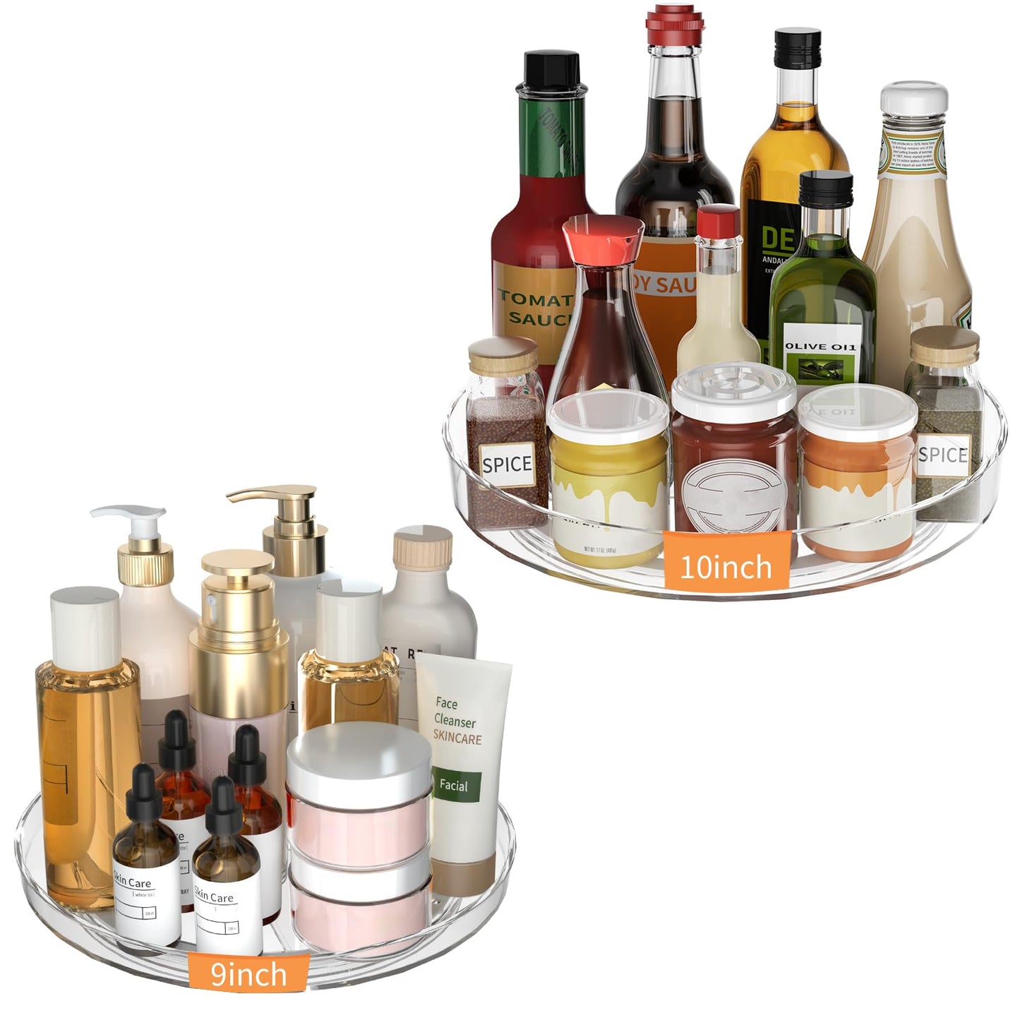 2 Pack Lazy Susan Turntable Organizer, 9 and 10 Inch Rotating Trays for Corner Cabinet, Fridge, Pantry, Kitchen, Table Top, Makeup Vanity, Bathroom Countertop Storage, Acrylic Spinning Spice Rack