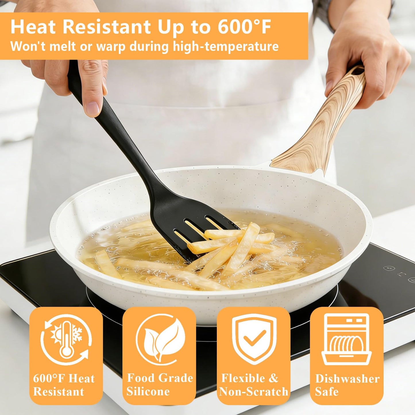 KoudHug Silicone Spatula Turner Set, 600°F High Heat Resistant Spatulas for Cooking, BPA Free, Large Flexible Kitchen Utensils Flipping Eggs, Pancakes, Fish, Burgers, Dishwasher Safe (4 Pack, Black)