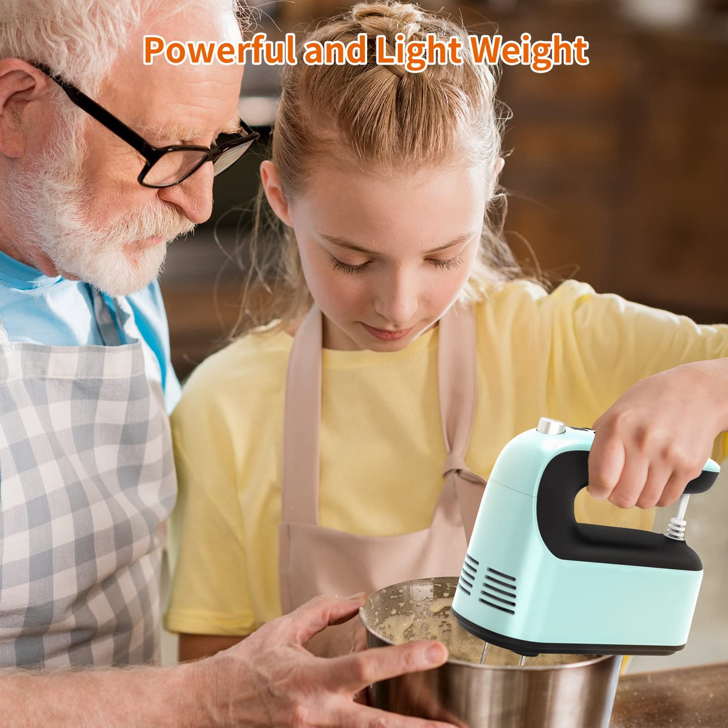 Yomelo 9-Speed Digital Hand Mixer Electric, 400W Powerful DC Motor, Hand Mixer Electric Handheld with Snap-On Storage Case, 5 Stainless Steel Accessories, Beaters, Dough Hooks, Whisk(Ice Blue/Black)
